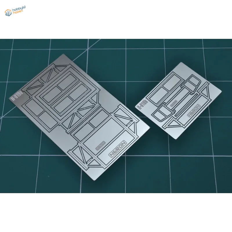 Silver Neron metal decals with etched lines for 1/64 tire rack shelves