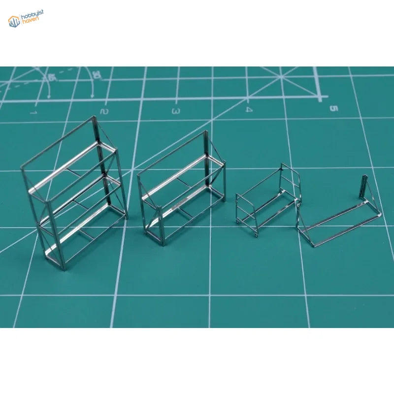 Silver metal tire rack shelves model in varying sizes, 1/64 scale