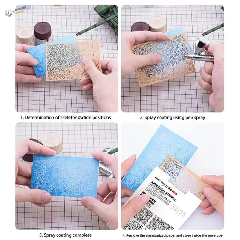 Blue beige airbrush craft paper marbling stencil dotted pattern