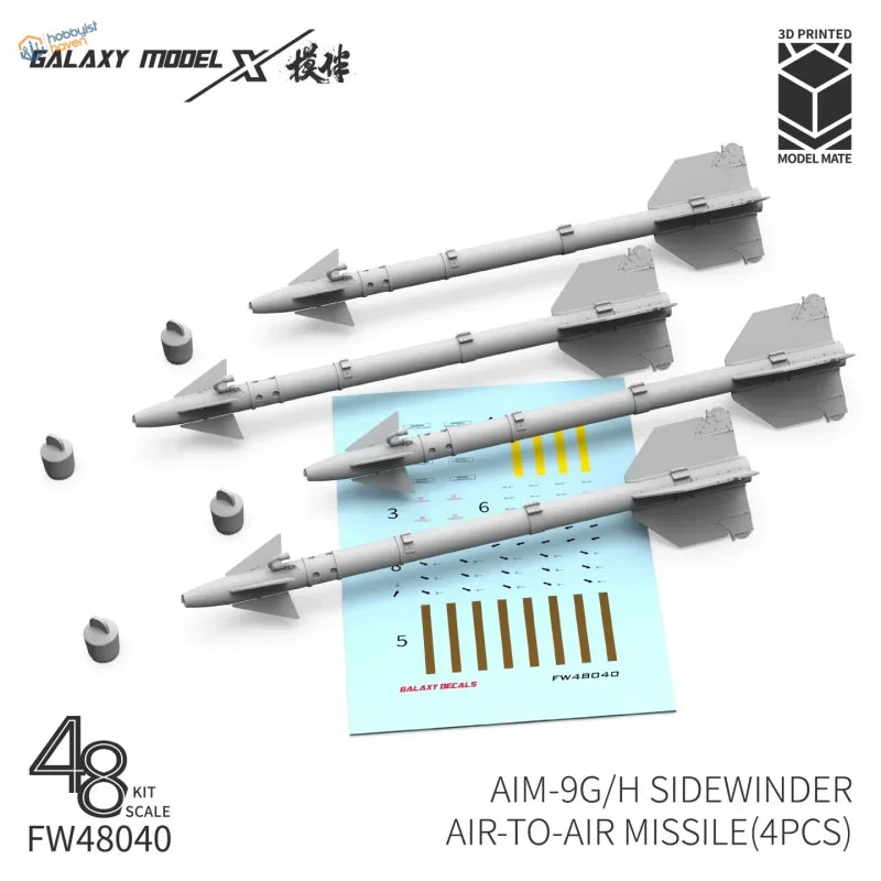 Gray 3D-printed Galaxy Model AIM-9G/H Sidewinder missile kit parts