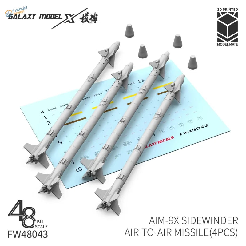 Gray 3D-printed Galaxy Model AIM-9 Sidewinder missile kit pieces
