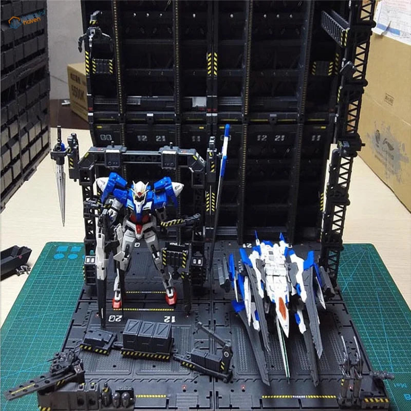 Blue white red Gundam on black Gundam mechanical base with decals