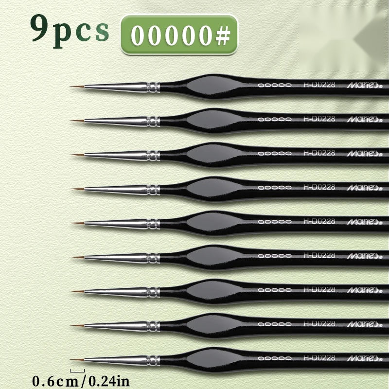 Set of 9 extra fine 5/0 nylon detail brushes with black triangular handles and silver ferrules