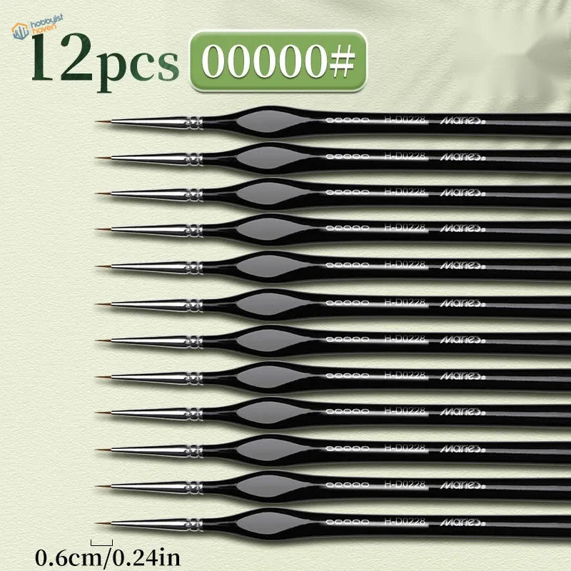 Set of 12 extra fine 5/0 nylon detail brushes with black triangular handles and silver ferrules