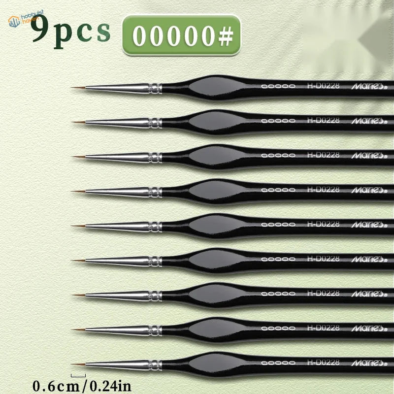 Set of 9 extra fine 5/0 nylon detail brushes with black triangular handles and silver ferrules