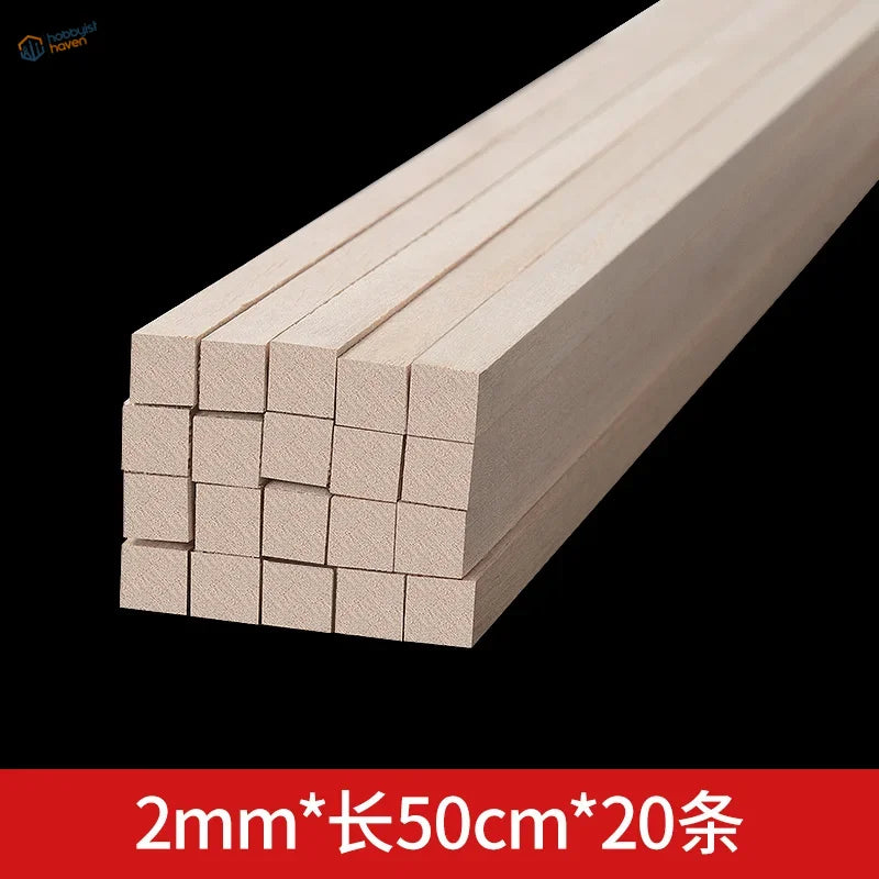Stack of light-colored balsa wood square rods, unfinished 2-15mm