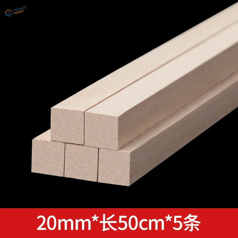 Five 20mm x 50cm light balsa wood square rods, unfinished