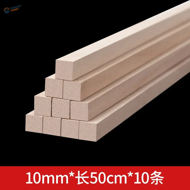 Neatly stacked light-colored balsa wood square rods, 2-15mm
