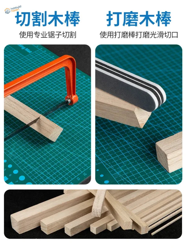 Orange-handled hacksaw cutting balsa wood square rods