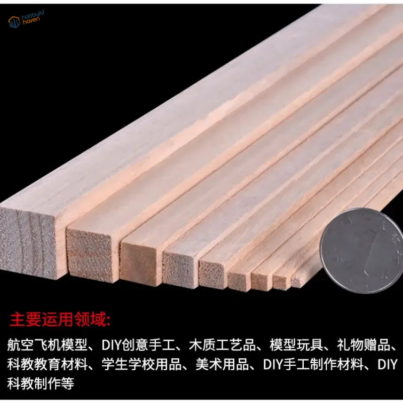 Light-colored unfinished balsa wood square rods, 2-15mm thick, diagonal arrangement