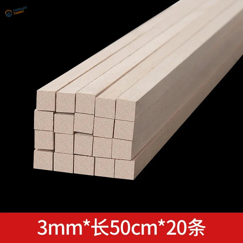 Stack of 20 3mm x 50cm balsa wood square rods, unfinished
