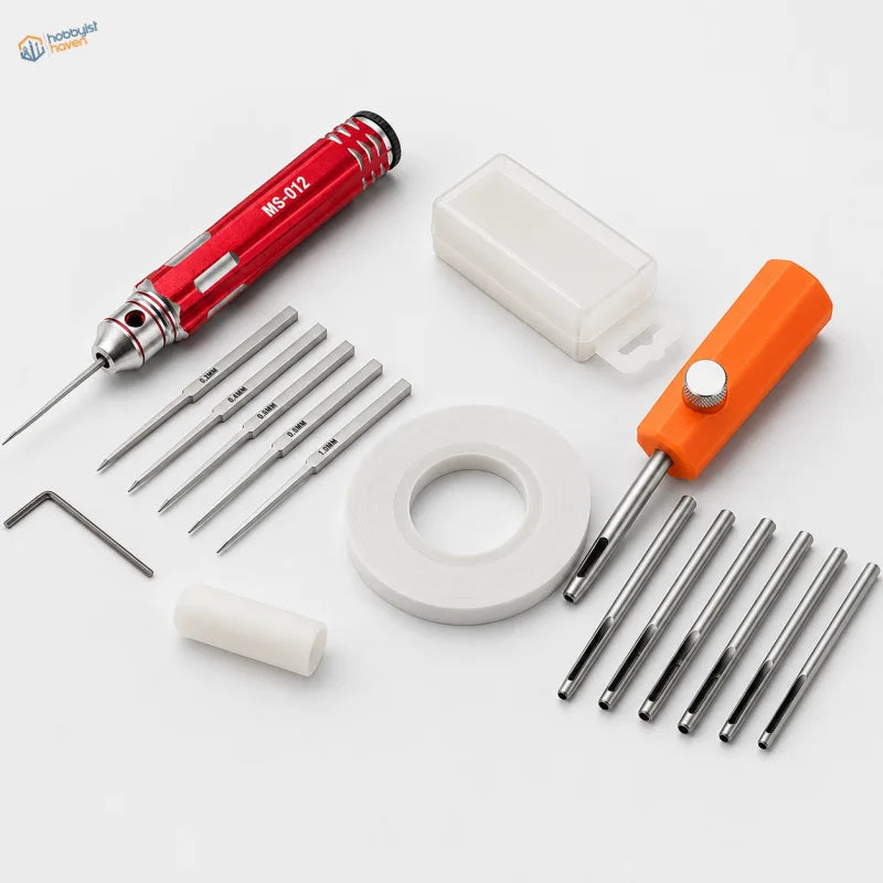 Red and silver ms-012 professional scriber with interchangeable metal bits for precise panel lines and blade widths control