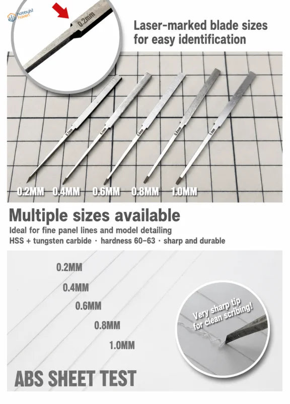 Set of five professional scriber metal flat chisels with sharp tips in hss tungsten carbide for panel lines and scale modeling tools