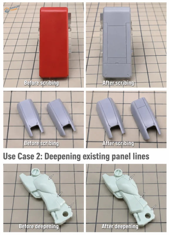 Red and gray plastic model kit parts showing panel lines before and after scribing using professional scriber scale modeling tools