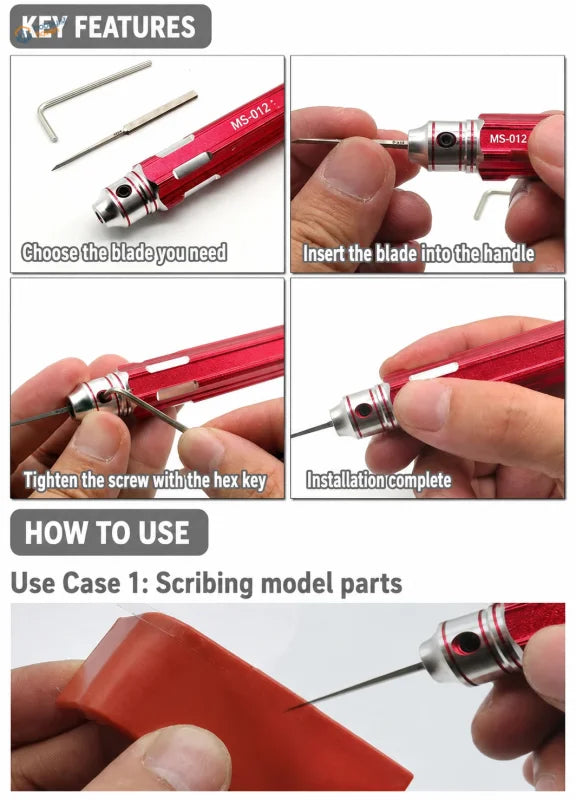 Red aluminum alloy precision professional scriber ms-012 with interchangeable blades for panel lines and scale modeling tools