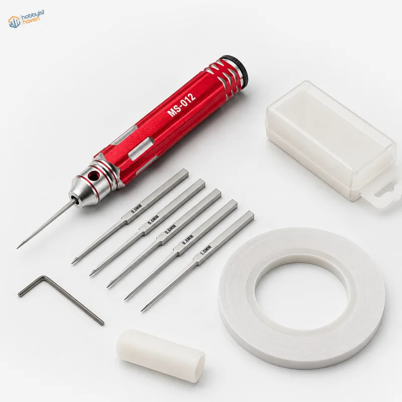 Red and silver ms-012 professional scriber with interchangeable bits for panel lines and multiple blade widths