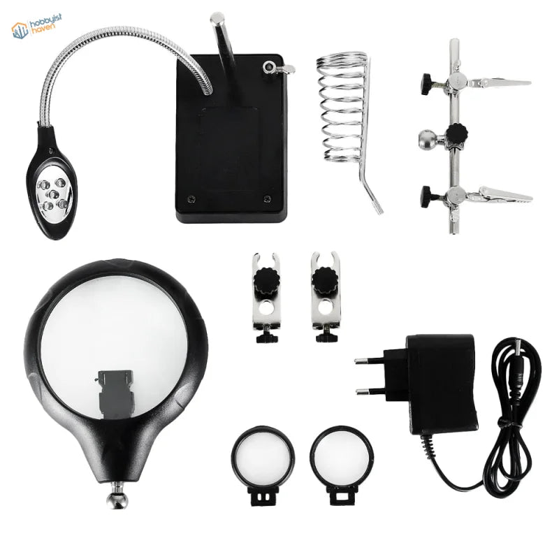 Black and silver LED magnifying glass with clamps, flexible light, lenses
