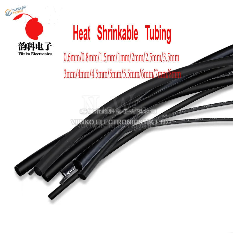 Vinko Electronics black heat shrink tube 0.6-4.5mm sizes, 5m lot