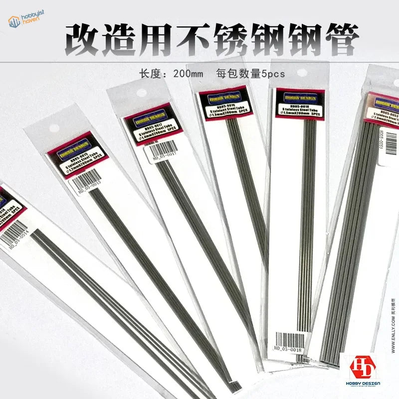 5 pcs 0.4~1.5mm stainless steel tubes for scale modeling, 200mm long in sleeves