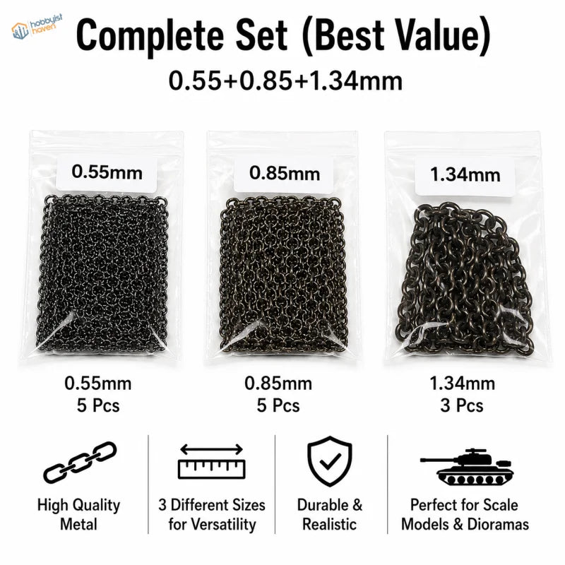 5 pcs metal chains black metal chain links in three sizes for scale models and dioramas packaging visible