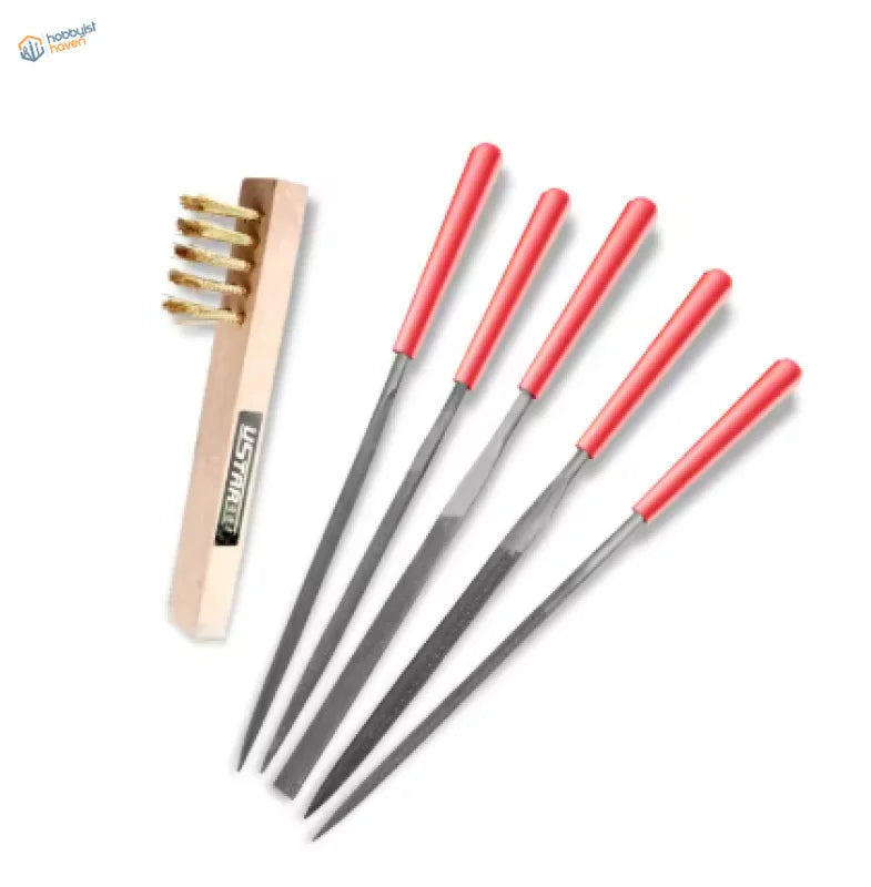 Set of six red-handled metal pcs precision files with a wooden brush for cleaning precision files and tools