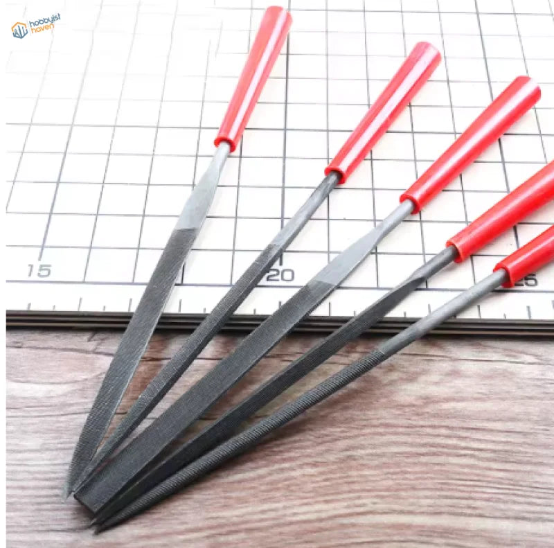 5 pcs precision files set with red-handled metal tools featuring textured dark gray blades arranged diagonally
