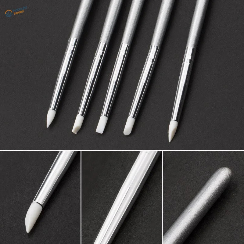 5 pcs silicone brushes with silver finish and white tapered tips for scale modeling