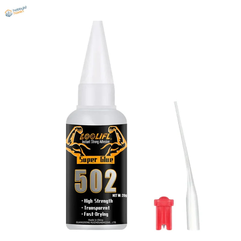 A clear plastic bottle of loolif 502 super glue with white nozzle and red cap for scale models and scale modeling tools