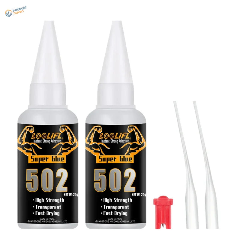 Two white bottles of loolif 502 super glue with black labels and applicator tips for precision scale modeling tools