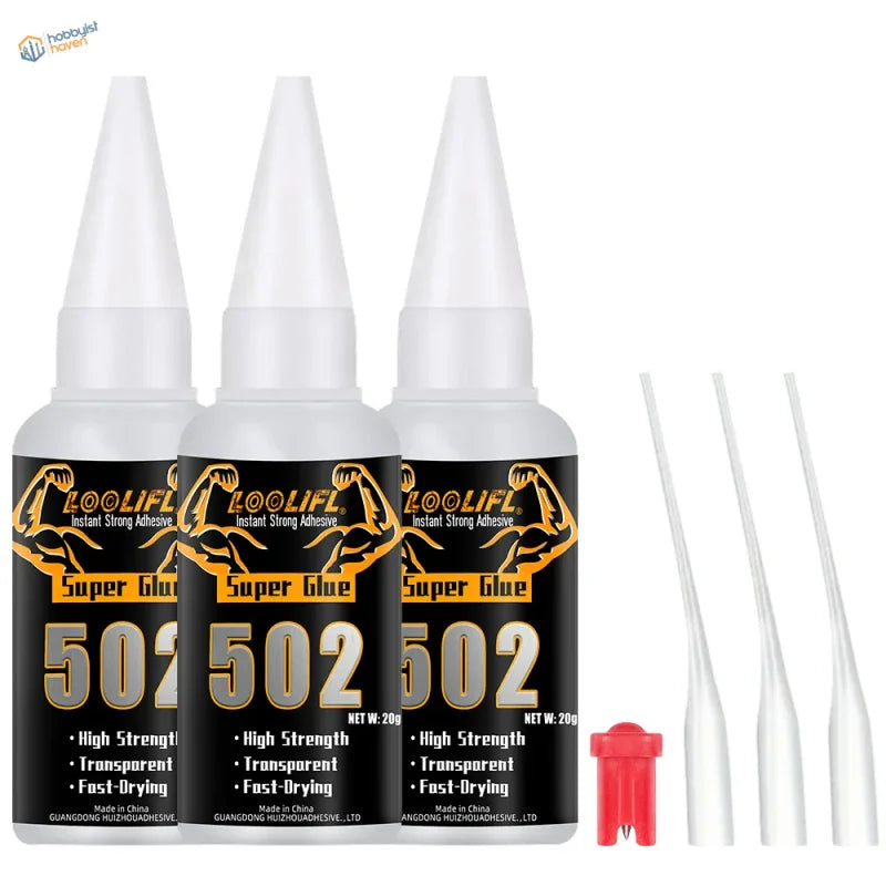 Three white bottles of loolif 502 super glue with black and gold labels for scale models and scale modeling tools