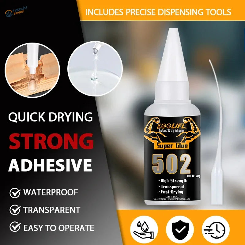 A white plastic bottle of loolifl super glue 502 with pointed nozzle containing transparent adhesive for scale modeling tools