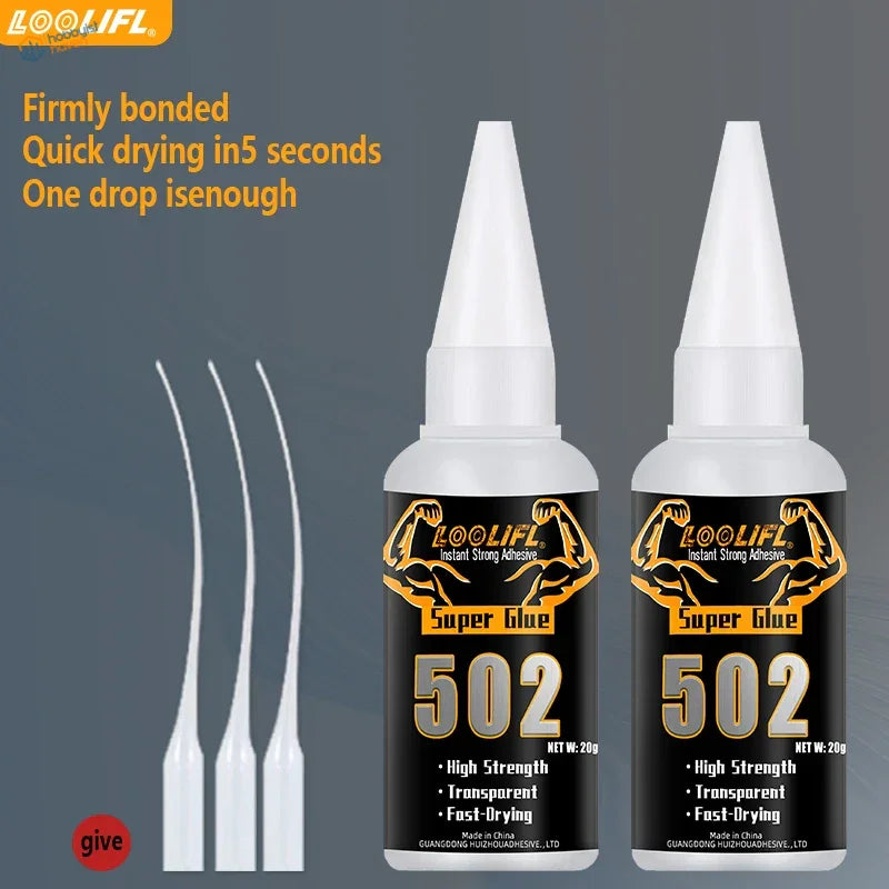 Two white bottles of loolifl super glue 502 with black labels featuring gold lettering and an orange logo for scale models