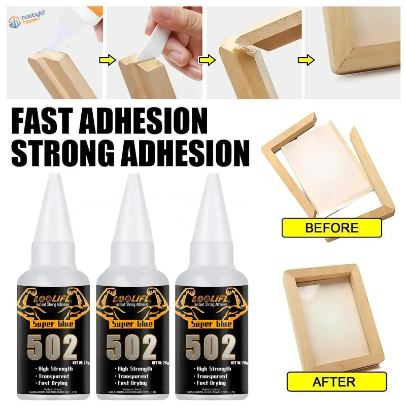 Three white-topped loolifl super glue 502 bottles with black and gold logos for scale models and scale modeling tools