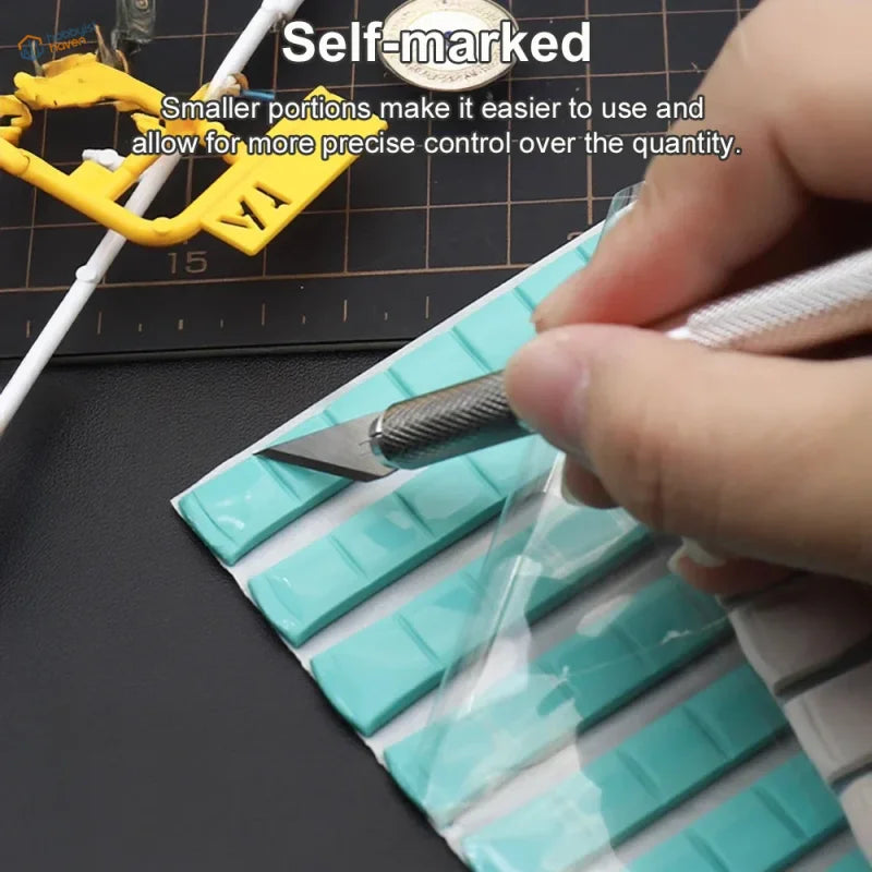 Precision craft knife cutting teal reusable tack strips for scale modeling