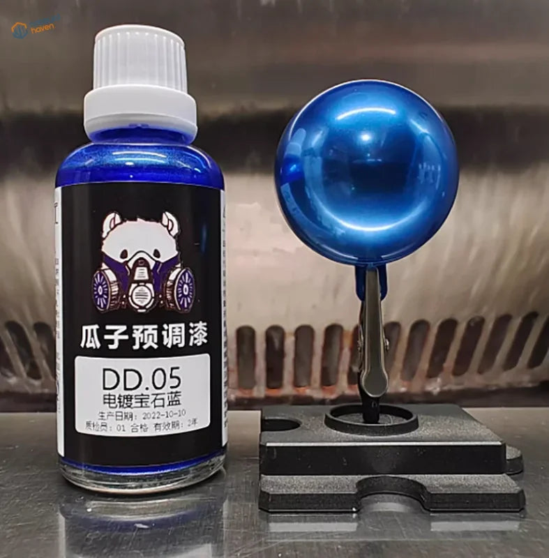 Glossy blue electroplated mirror-chrome paint with sample sphere and 50ml bottle