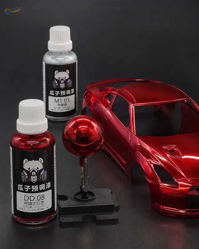 Red metallic 50ml electroplated color paint bottles with panda logo and matching die-cast car body for modeling tools use