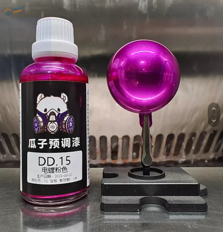 Pink electroplated mirror-chrome paint sample sphere with 50ml bottle