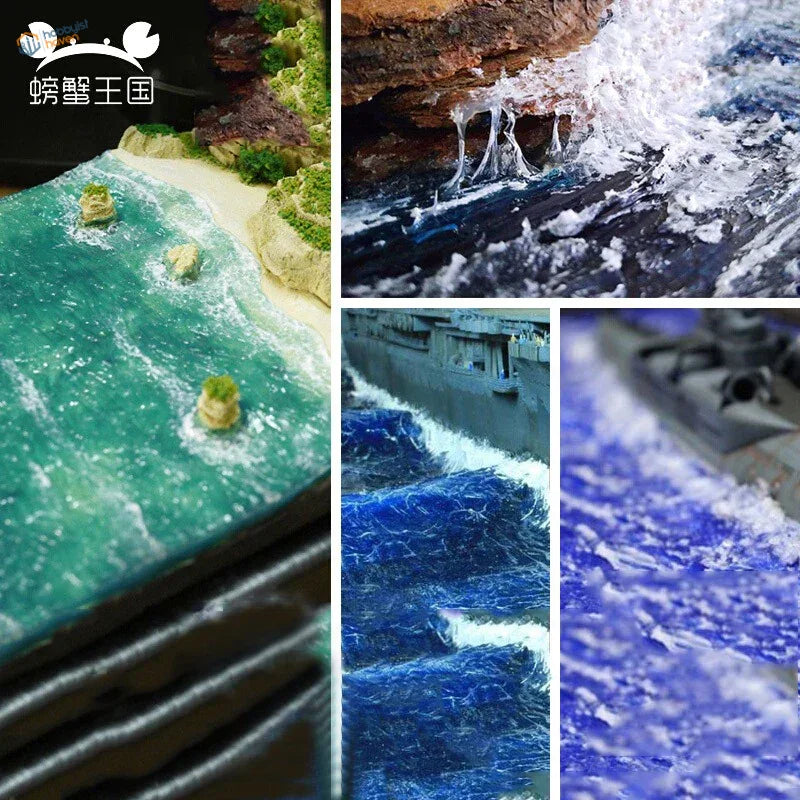 Detailed miniature coastal diorama with turquoise water effect gel waves