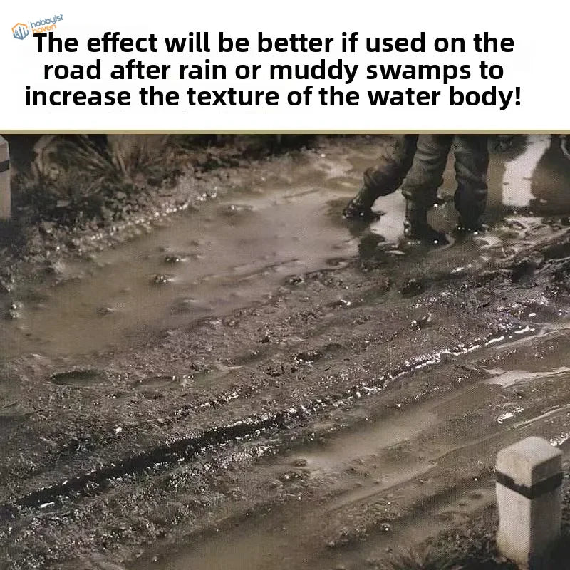 Muddy wet road with tire tracks and puddles using water effect gel