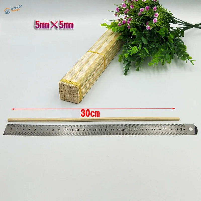 Bundle of 5mm x 5mm light beige bamboo sticks tied with yellow string, 30cm round for model building