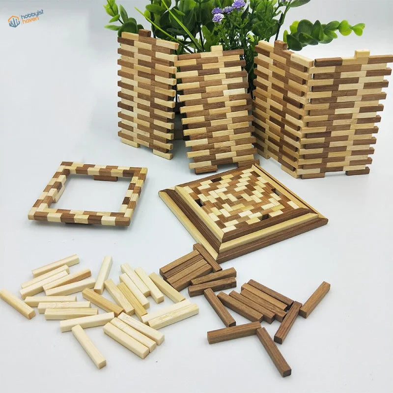 50pcs 30cm round bamboo sticks forming wooden geometric puzzle patterns