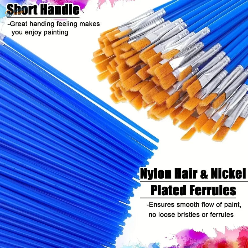 50pcs disposable flat brushes with blue nylon bristles and nickel ferrules