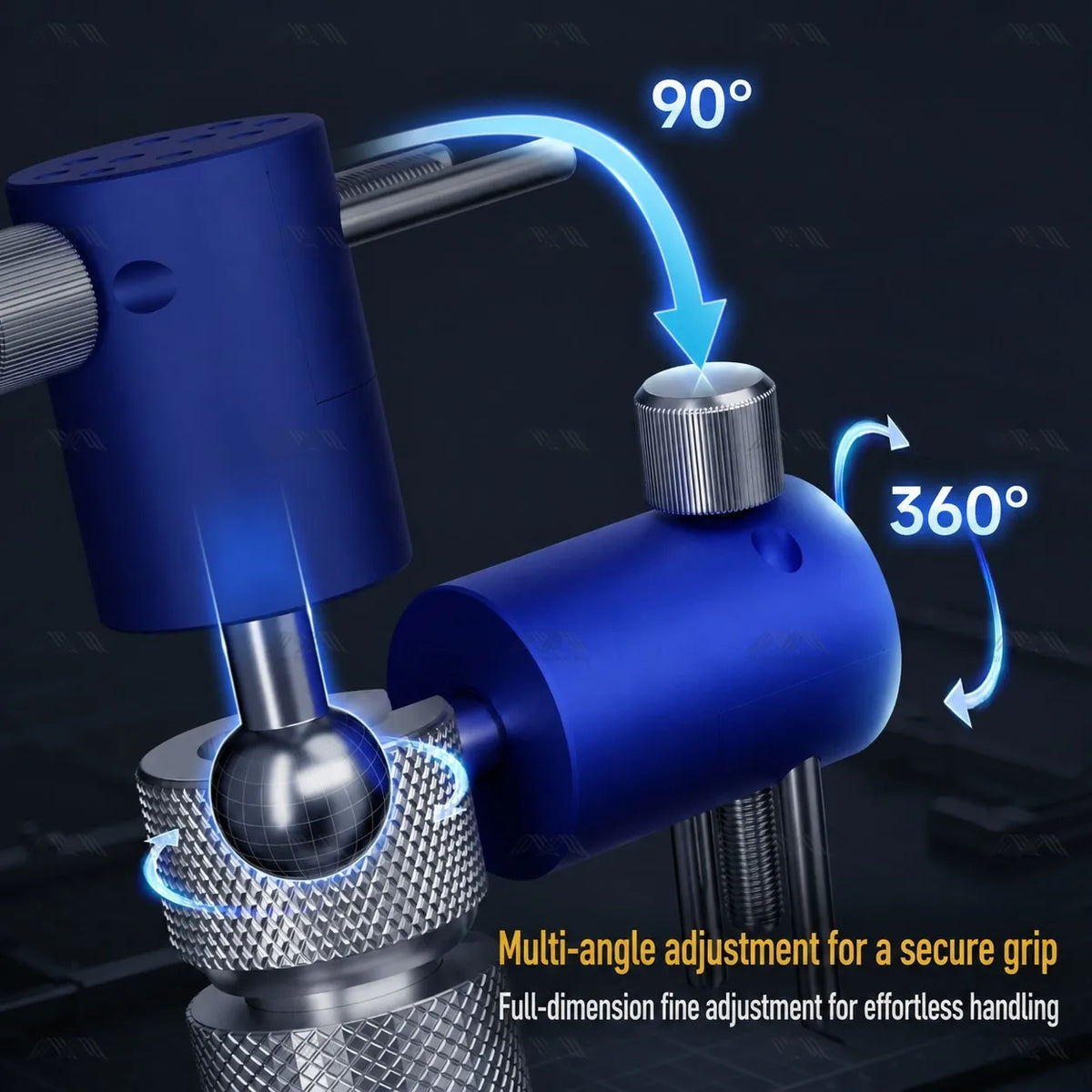 Close-up of the vise ball joint with 90 degree tilt and 360 degree rotation arrows