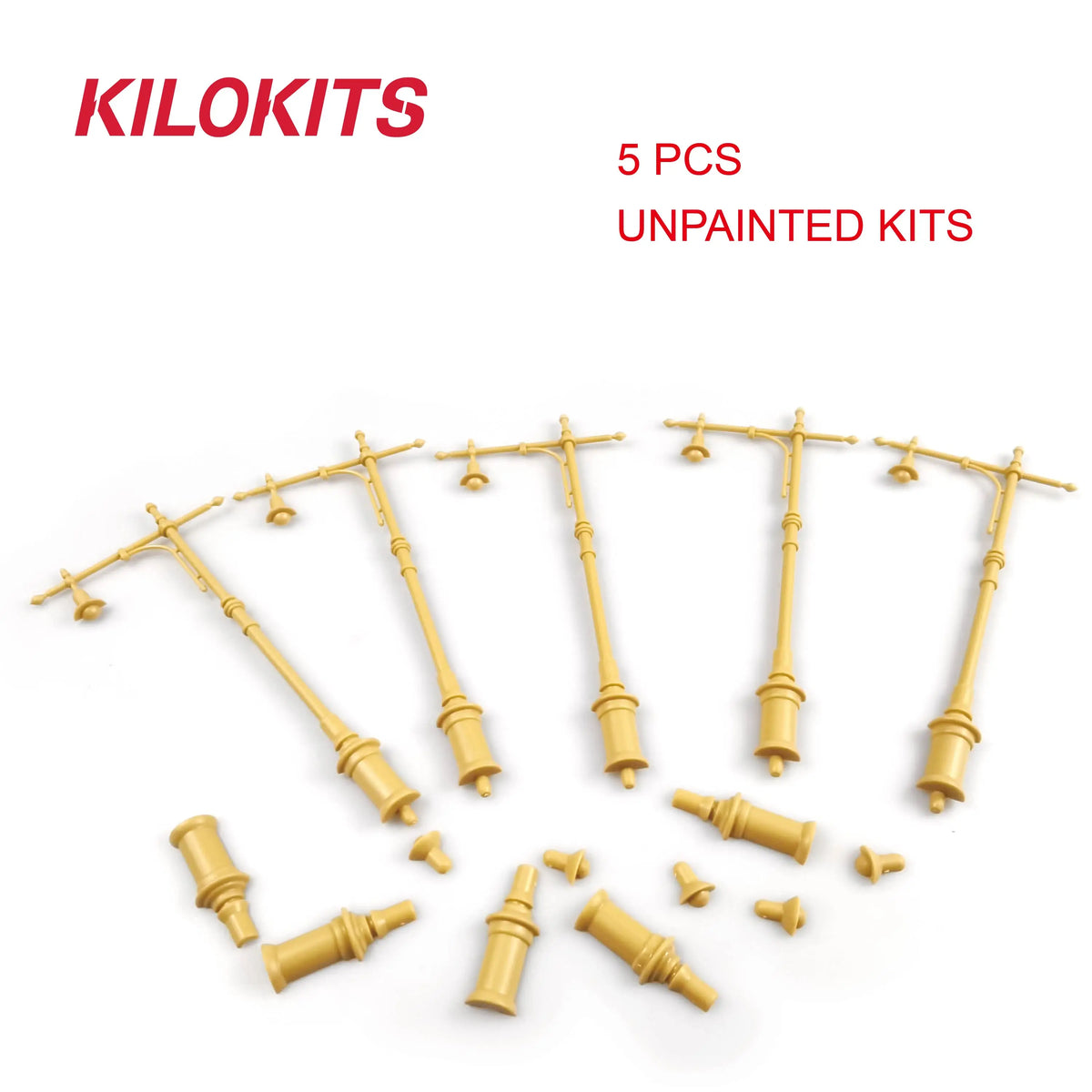 Five unpainted yellow plastic 1/35 scale street lamps by kilokits for model building tools and scale modeling tools