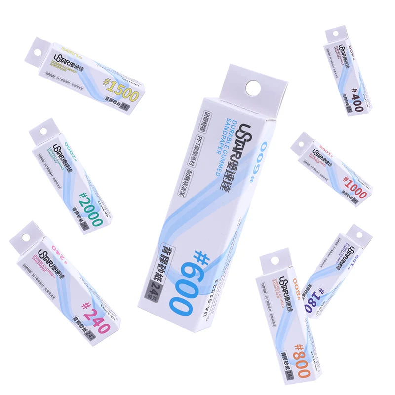 White cardboard packaging for uspap brand ustar adhesive-backed dual-sided self-adhesive sandpaper sheets with grit #600