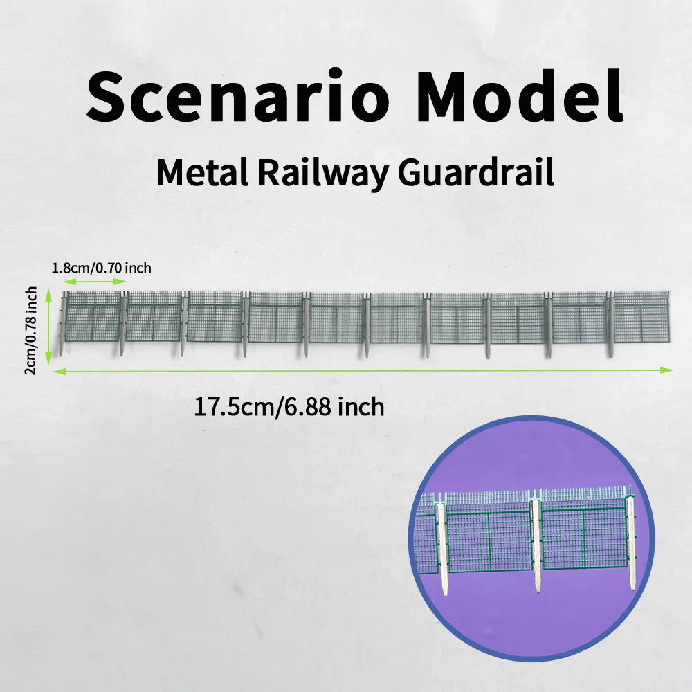 Silver metal railway guardrail model with authentic mesh-panel design and vertical posts safety fence for n scale tracks