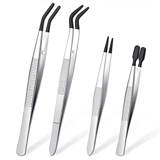 4 Tweezers With Rubber Tips Set: stainless steel precision tweezers