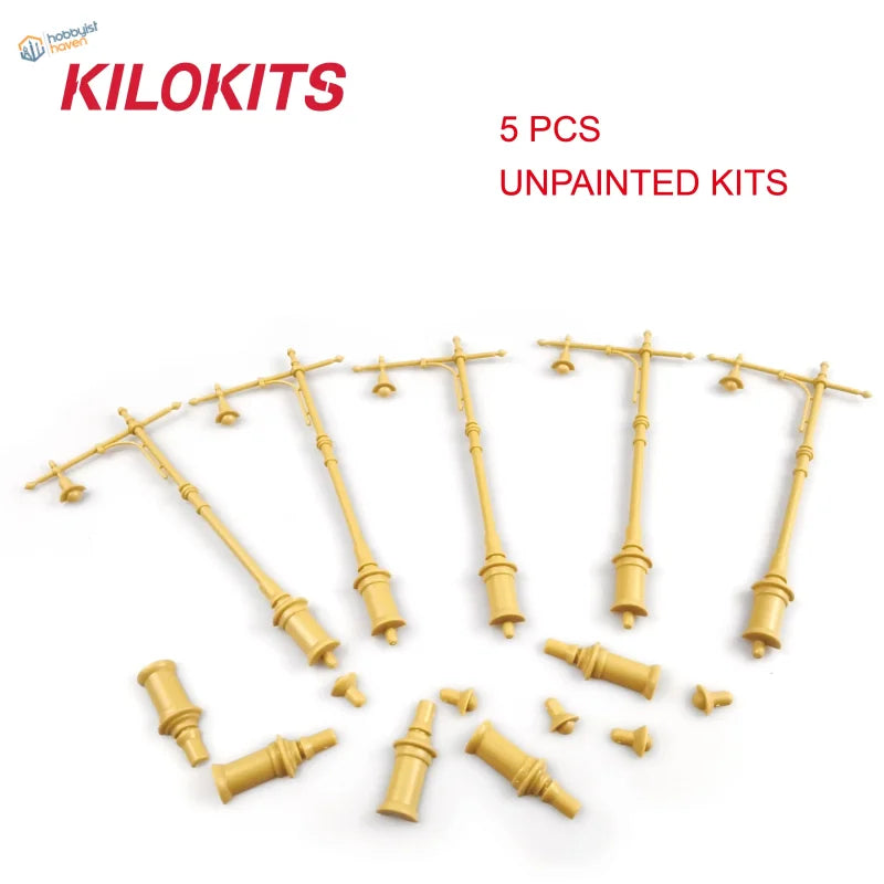 Five unpainted yellow plastic 1/35 scale street lamps by kilokits for model building tools and scale modeling tools