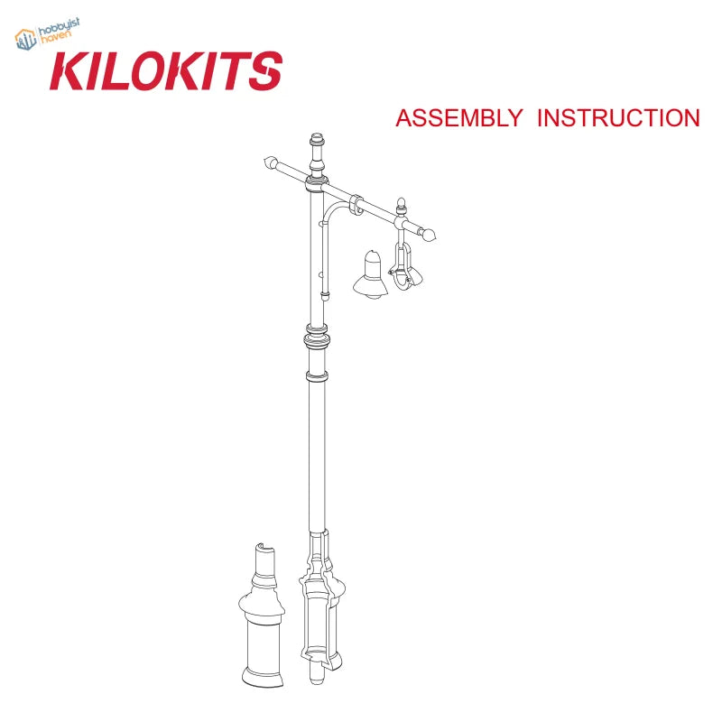 Kilokits assembly instruction diagram for vintage-style 5pcs 1/35 miniature street lamps with articulated arms and finials for model building tools