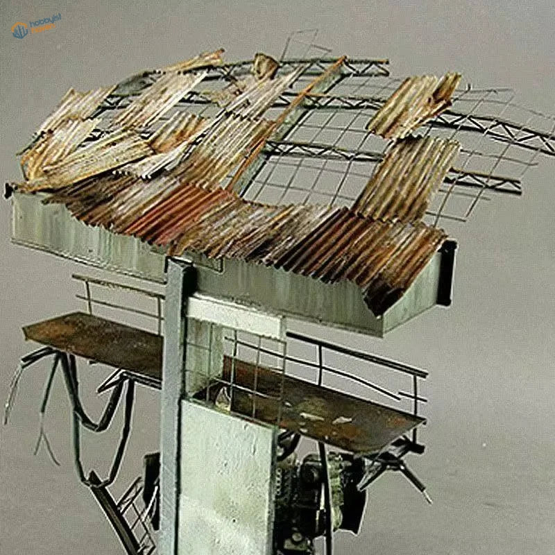 Rusty corrugated metal sheets with exposed wire mesh framework, 100x75mm